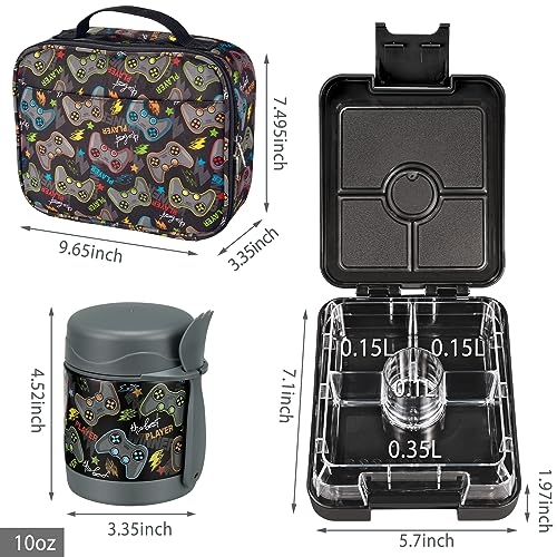 Bento Lunch Box Set for Kids with 10oz Soup Thermo, Leak-Proof Lunch Containers with 4 Compartment, Kids Thermo Hot Food Jar and Insulated Lunch Bag for Kid to School,BPA-Free(Black-Game Console) - color: Black-Game Console