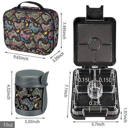 Bento Lunch Box Set for Kids with 10oz Soup Thermo, Leak-Proof Lunch Containers with 4 Compartment, Kids Thermo Hot Food Jar and Insulated Lunch Bag for Kid to School,BPA-Free(Black-Game Console) - color: Black-Game Console