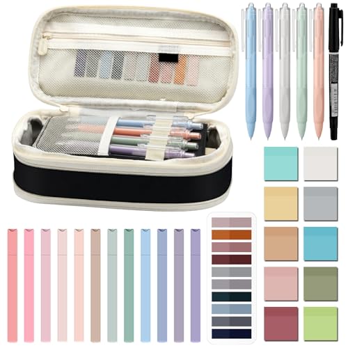 Jutom 39 Pcs Aesthetic Book Annotation Kit Highlighter with Case Bag Gel Pen Transparent Sticky Note Taking Bible Supplies(Black,Cute Style) - color: Black, style: Cute Style