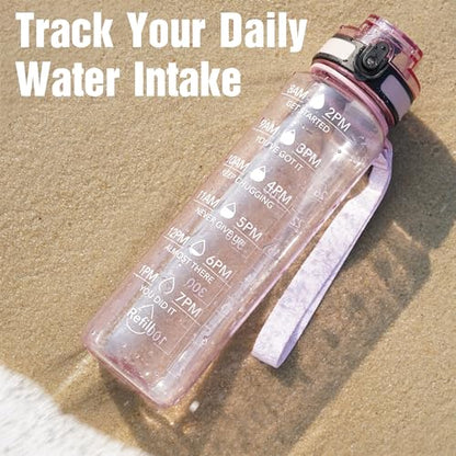 OLDLEY Water Bottle, 32oz Motivational Sports Water Bottle with Time Marker - Times to Drink - Tritan, BPA Free, Wide Mouth Leakproof,Clear Pink - color: Clear Pink