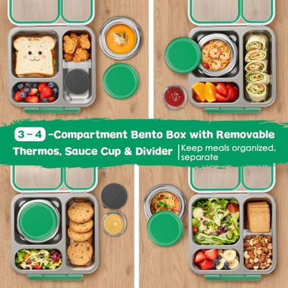 Pawtong Stainless Steel Bento Box Kids Adult with 7oz Insulated Food Jar, Transparent Lid Metal Lunch Box With Soup Thermal Jar, Lunch Box Container with Removable Divider & Sauce Cup School (Green) - color: Green