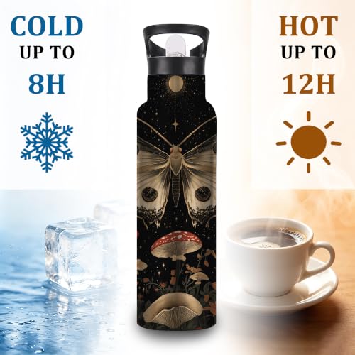 Black Moth 20 oz Insulated Water Bottles Mushroom Moon Stainless Steel Thermal Bottle Leak Resistant with Straw Twist Cap and Handle for Sports Coffee Mug Cup - color: Black Moth,Mushroom Moon