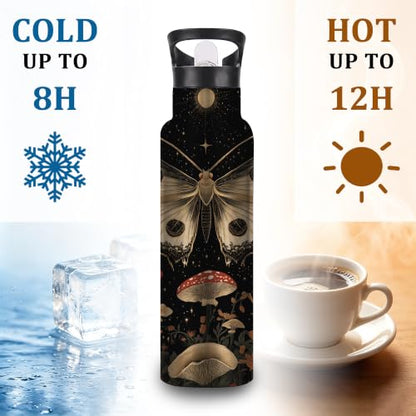 Black Moth 20 oz Insulated Water Bottles Mushroom Moon Stainless Steel Thermal Bottle Leak Resistant with Straw Twist Cap and Handle for Sports Coffee Mug Cup - color: Black Moth,Mushroom Moon