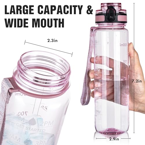OLDLEY Water Bottle, 32oz Motivational Sports Water Bottle with Time Marker - Times to Drink - Tritan, BPA Free, Wide Mouth Leakproof,Clear Pink - color: Clear Pink