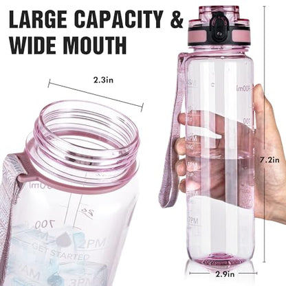 OLDLEY Water Bottle, 32oz Motivational Sports Water Bottle with Time Marker - Times to Drink - Tritan, BPA Free, Wide Mouth Leakproof,Clear Pink - color: Clear Pink