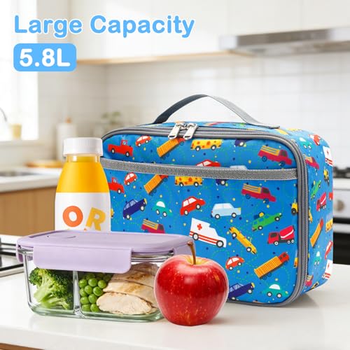 FlowFly Kids Lunch box Insulated Soft Bag Mini Cooler Back to School Thermal Meal Tote Kit for Girls, Boys, Car - color: ColorFulCar