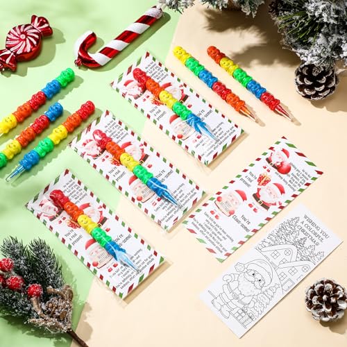 Sayglossy 24 Sets Christmas Santa Claus Crayons Party Favors 4 Colors Xmas Stacking Crayons with Double Sided Coloring Postcard Christmas Party Gifts Prize Bulk for Holiday Goodie Bag Stuffers - style: Santa Claus