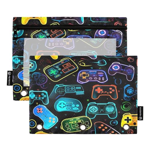 ATTX Colorful Video Game Controllers Pencil Pouch for 3 Ring Binder with Smooth Zipper, Clear Window Pencil Case for Binder, Big Capacity with 3 Reinforced Grommets - color: Colorful Video Game Controllers