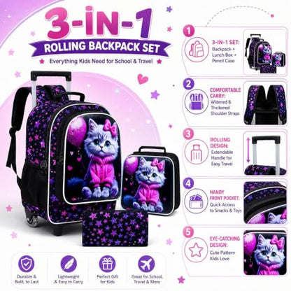 CCJPX 3Pcs Cat Rolling Backpack for Girls, 18" Kids Wheeled Bookbag with Lunch Box, Lightweight Roller School Bag for Elementary Preschool (Black) - color: Pink-clothed Cat