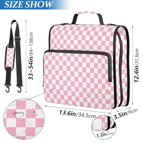 Pink White Checkered Binder Bag 3 Ring Zipper Binders with Shoulder Strap for School Office Organizer Storage - color: Q038