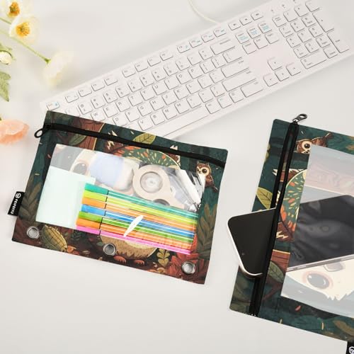 ZAZYXTJ Cute Owl Binder Pencil Pouchs 3 Ring with Zipper Clear Window Office Organizers bag for School Students Teacher Supplies 2 Pack - color: Owl