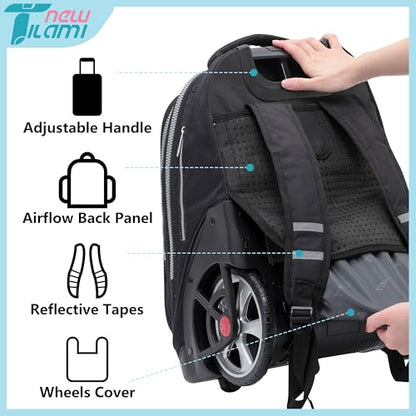 NEW TILAMI 19 inch Rolling Backpack Teens Rolling Backpack Cute Wheeled Laptop Backpack Bookbag Roller Travel Bag College, Skate Board - color: Black Skate Board