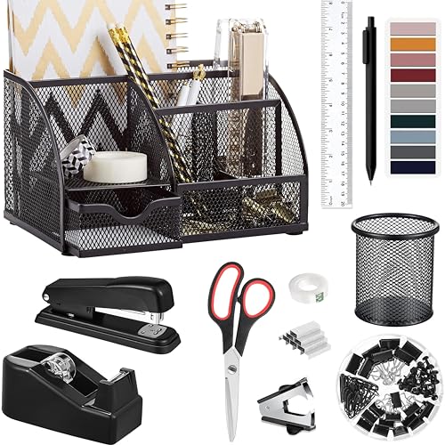 Black Office Desk Accessories Supplies, 12pcs Desk Organizers and Accessories with Tape dispenser and Stapler,Staples,Staple Remover,Pen Holder,Scissor,Ruler,Sticky Tabs,Tape,Ballpoint Pen,Clips Set - color: Black