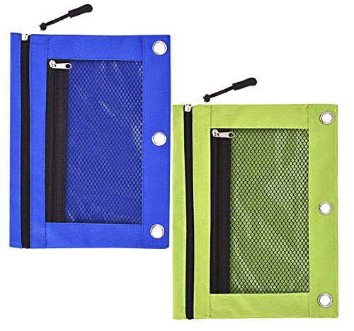 3 Ring Binder Pencil Pouchs, Zippered Pencil P9ouch Double Pocket Pencil Pouch 3 Ring with Clear Window (Blue&Green 2pack) - color: Blue&green