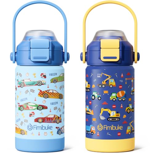 Fimibuke 14oz Kids Insulated Water Bottle with 2-in-1 Straw & Spout Lid | Leak Proof 18/8 Stainless Steel Vacuum Tumbler with Pop-Open Lid, BPA-Free Kids Cup for Travel School Girl Boy Toddler 2 Pack - color: Cars & Construction Trucks, size: 14 Ounces