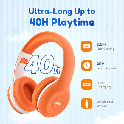 EarFun K2 Kids Bluetooth Headphones, Kids Headphones with Volume Limited, 40H Playtime, Built-in Mic, Stereo Sound, Foldable Over-Ear Headphone for School/Travel/iPad/Tablet, Orange - color: Orange