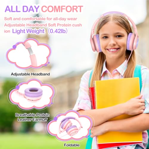 Kids Headphones with Mic for School, USB C&3.5mm Wired Over Ear Headphones for Teens/Boys/Girls,Safe Volume Limited, HD Stereo Sound Foldable Headphones for Students/Tablet/Laptop/PC/Travel,Pink - color: Pink