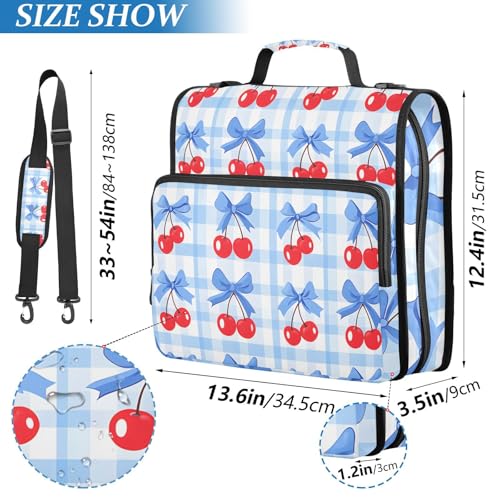 3 Ring Zipper Binder with Shoulder Strap Cherry Blue Bow 1.5 inch Binders Keeper Large Capacity Multi Pockets for School Office Supplies - color: Multi478, size: Fit 500 Sheets