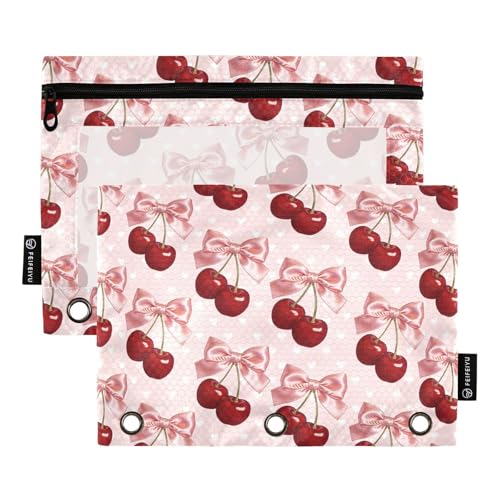 Bow Tie Cherry Pencil Pouches for 3 Ring Binder, Zipper Binder Pencil Case, 2 Pack Clear Window Case Bag for Office Organizers - color: Bow Tie Cherry