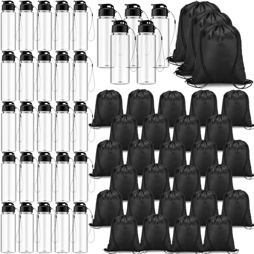 60 Pieces 17 oz Plastic Water Bottles Bulk and Drawstring Backpack Set 30 Reusable Plastic Biking Water Bottle 30 Sport Gym Goodie Gift Bag for Summer School Gym Travel (Black) - color: Black, size: Transparent