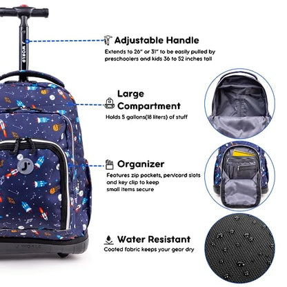 J World Lollipop Kids Rolling Backpack & Lunch Bag Set for Elementary School. Carry-On Suitcase with Wheels, Spaceship - color: Multicolor