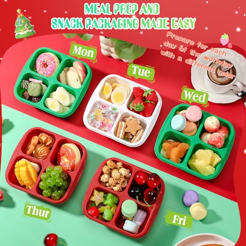 Honeydak 5 Pack Snack Containers 4 Compartment Bento Snack Boxes Reusable Lunchable Containers with Lids Divided Meal Prep Lunch Food Storage Box for School Work Travel(Christmas,Equal) - color: Christmas, style: Equal