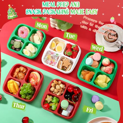 Honeydak 5 Pack Snack Containers 4 Compartment Bento Snack Boxes Reusable Lunchable Containers with Lids Divided Meal Prep Lunch Food Storage Box for School Work Travel(Christmas,Equal) - color: Christmas, style: Equal