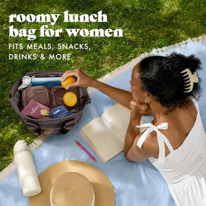 Fit & Fresh Remi Lunch Bag for Women Work – Neoprene Lunch Tote with Containers & Ice Pack, Reusable Meal Prep Lunch Box, Large Capacity, Machine Washable - color: Chocolate Feline Fine