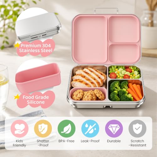 Pawtong Stainless Steel Bento Box for Kids and Adults, 3 Compartment Leakproof Lunch Box with Removable Silicone Seal and Silicone Contianer, Metal Lunch Container for School, Work and Travel (Pink) - color: Pink