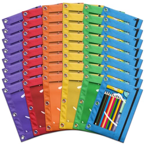 Pencil Pouch for 3 Ring Binder, Bulk 48 Pack 3-Holes Zipper Pencil Pouches in Assorted Colors, Sturdy and Durable Cloth Pencil Holder with Clear Window for Office School College Supplies (48)