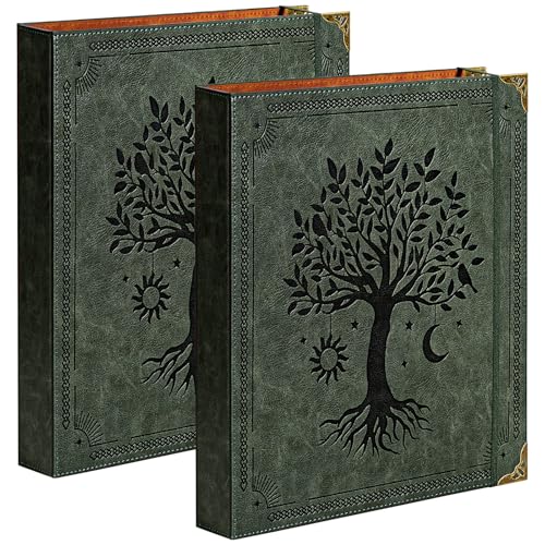 Ovesmusl 2 Pack Leather D Ring Binder Fits 8.5"x11" Letter Size Paper, 1.5 Inch D-Ring Binders Holds 400 Sheets, Notepad Paper Cover Loose Leaf Organizer with Inner Pockets, Green Tree - color: Green, size: 1.5 inch, style: 2 Pack