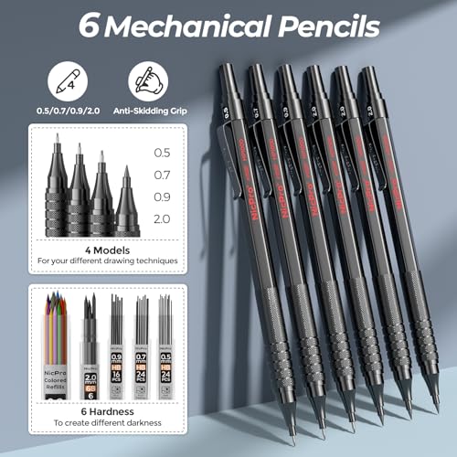 Nicpro 58PCS Art Drawing Supplies Kit in Leather Case, MP1000 Black Metal Mechanical Pencil Set with Drafting Pencil 0.5, 0.7, 0.9 & 2mm, 12 Micron Pen, Sketch Book, 30 Tube Lead Refills for Sketching