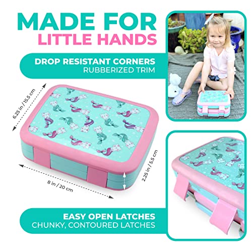 kinsho Bento Lunch Box. Insulated Bag, Water Bottle & Ice Pack Set for Kids, Toddlers, Girls. 5 Portion Sections, Removable Tray, Pre-School Toddler Daycare Lunches, Snack Container, Aqua Cat Mermaid - color: Aqua Cat Mermaid Set