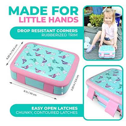 kinsho Bento Lunch Box. Insulated Bag, Water Bottle & Ice Pack Set for Kids, Toddlers, Girls. 5 Portion Sections, Removable Tray, Pre-School Toddler Daycare Lunches, Snack Container, Aqua Cat Mermaid - color: Aqua Cat Mermaid Set