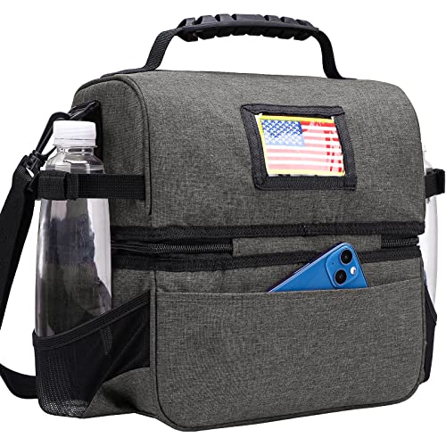 MIER Lunch Box for Men - Dual Compartment Adult Lunch Bag for Work, Grey | Leakproof & Insulated; Lunchbox Cooler Tote with Side Bottle Holder; Detachable Shoulder Strap with Pad; Multi-Pockets - color: Gray