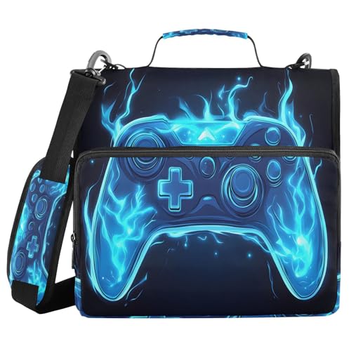 Joystick Video Game Blue Flame 3 Ring Binder Bag 1.5 inch Binder Organizer with Zipper Shoulder Strap 500 Sheet Documents Storage for School Office - color: A009, size: 13.6 x 12.4 x 3.5 in