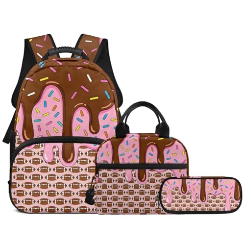 Pink Ice Cream American Football Boys Girls 17 Inch Backpack Set with Lunch Bag Pencil Bags for Kids 3 in 1 Schoolbag 3PCS Teens Bookbag for Middle High School Students - color: Pink Ice Cream American Football