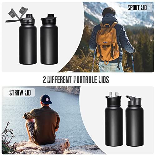32 oz Insulated Water Bottle Bulk 4 Pack, Stainless Steel Sports Water Bottles with Straw Lid & Wide Mouth Lids, Double Walled Vacuum, Leak Proof, Black - color: Black, size: 32 Ounces-4