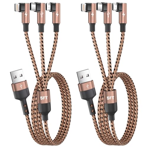 90 Degree USB Multi Charging Cable, 3 in 1 USB Cable for iPhone 17 Charger/ IP/Micro Port, Cruise Travel Essentials Right Angle Sideways Multi Charger Portable Designed for Phone Accessories 5FT 2Pack - color: Espresso, size: 2Pack&5FT