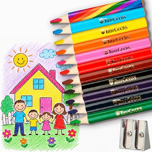 Jumbo Fat Triangle Colored Pencils for Kids, Toddler Pencils Set of 11 | Includes rainbow pencil & sharpener with thick 5mm natural wood core builds grip & proper writing posture - teacher approved
