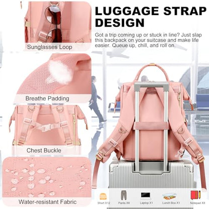 AIJIEKE Lunch Backpack for Women, 15.6 Laptop Backpack, Lunch Box, Pink | Water resistant computer bag with insulated leakproof cooler. Travel meal prep backpack for nurse, teacher, college commute - color: Pink