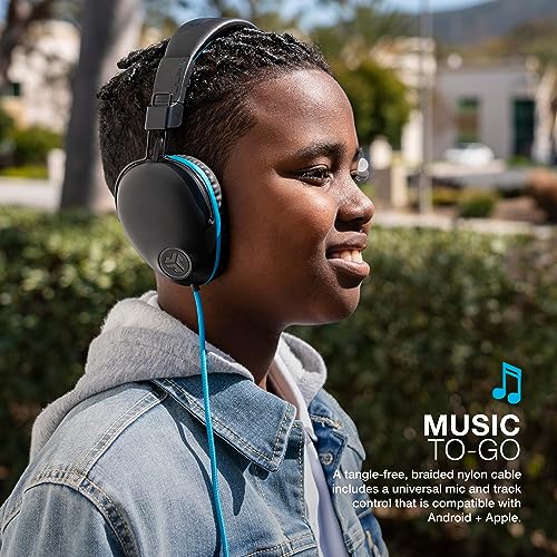 JLab JBuddies Pro Wired Over-Ear Kids Headphones with mic, Volume Limiter, Folding, Noise Isolation, Blue