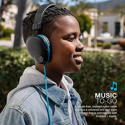 JLab JBuddies Pro Wired Over-Ear Kids Headphones with mic, Volume Limiter, Folding, Noise Isolation, Blue