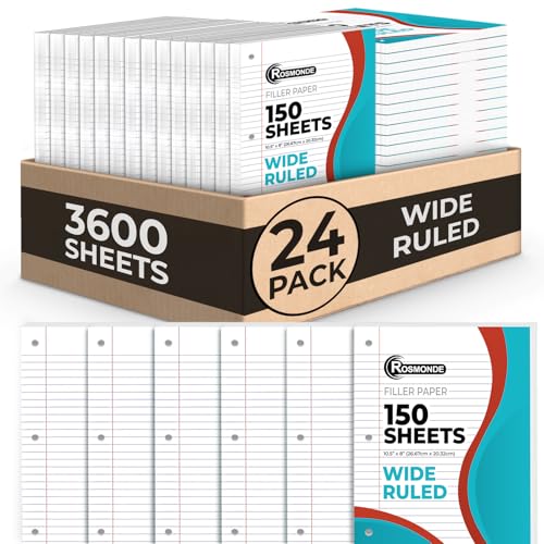 Rosmonde Bulk 3600 Sheets Loose Leaf Binder Filler Paper, Wide Ruled, Bulk Notebook Paper, 8 x 10.5", Loose Leaf Sheets, 3 Hole Punched, 24 Pack, 150 Sheets/Pack, Filler Papers, White - color: Wide Ruled, size: 24 Pack (3600 Sheets)