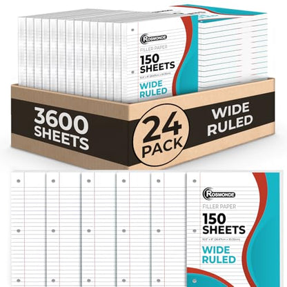 Rosmonde Bulk 3600 Sheets Loose Leaf Binder Filler Paper, Wide Ruled, Bulk Notebook Paper, 8 x 10.5", Loose Leaf Sheets, 3 Hole Punched, 24 Pack, 150 Sheets/Pack, Filler Papers, White - color: Wide Ruled, size: 24 Pack (3600 Sheets)