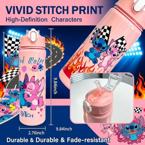 Cartoon Huntrix Water Bottle for Girls, 25oz Leak Proof with Straw Lid, Gifts for Girls (Pink Stitch) - color: Pink Stitch