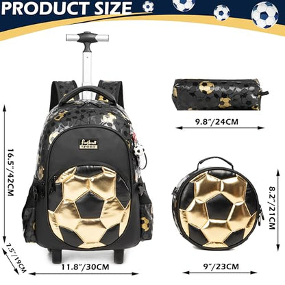 Kids Rolling Backpack Roller Backpack with Wheels Elementary Kindergarten School Students Football Trolley School Bag for School Boys - color: Football Black