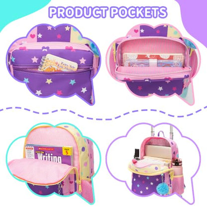 Rolling Backpack for Girls,Lightweight Kids Backpack with Wheels for School and Travel,Large Capacity Trolley Backpack for Elementary Students - color: Purple Pink Star
