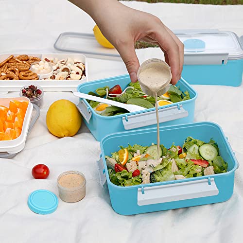 3 Pack Salad Lunch Box Food Storage Containers, 47oz Bento Box To Go Container with Lids, Meal Prep Containers with Removable Tray & Dressing Pots for Kids and Adults, Reusable and Microwave Safe - color: Blue & Blue & Blue