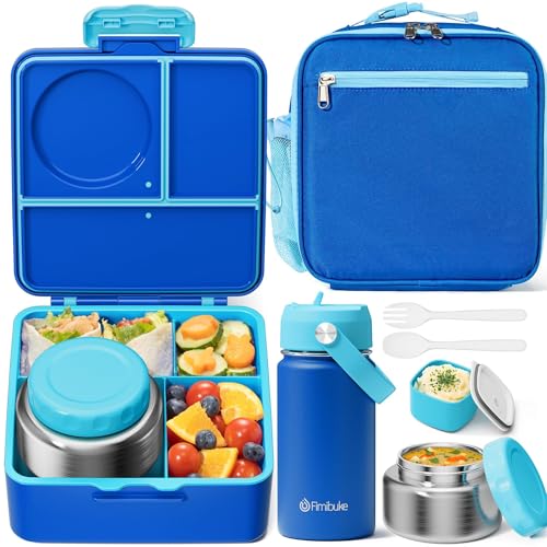 Fimibuke Bento Box for Kids Adult - Leakproof 3-4 Compartments Lunch Bento Box Set with Insulated Food Jar, Water Bottle, Lunch Bag, Sauce Cup & Cutlery for Toddler Teen Shcool Girl Boy Age 3+ - color: A4.Blue